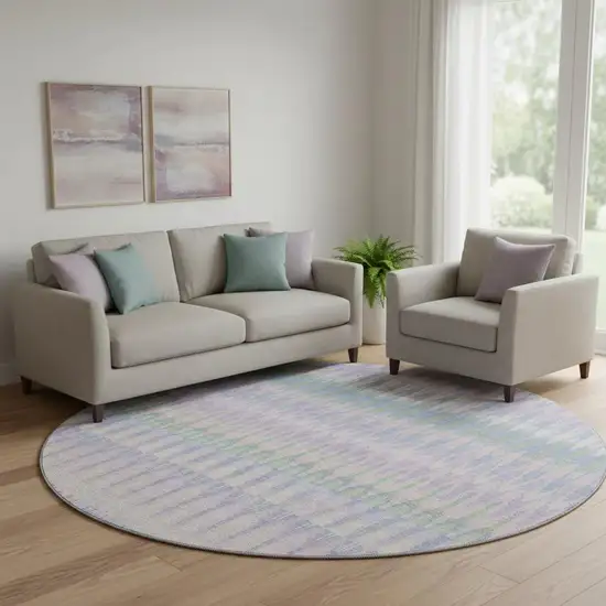 8' Lavender Pink And Green Southwestern Washable Round Rug With UV Protection Photo 1