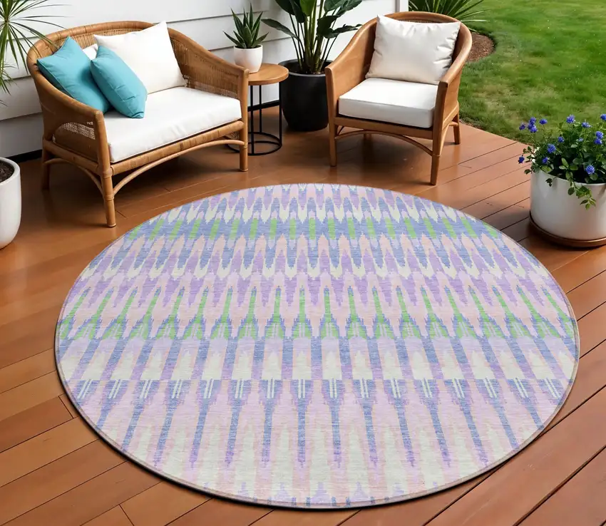 8' Lavender Pink And Lime Green Round Southwestern Washable Indoor Outdoor Area Rug Photo 1