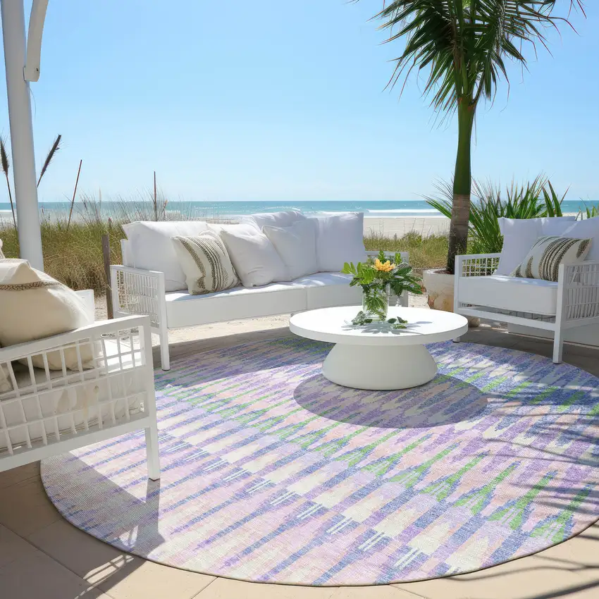 8' Lavender Pink And Lime Green Round Southwestern Washable Indoor Outdoor Area Rug Photo 7