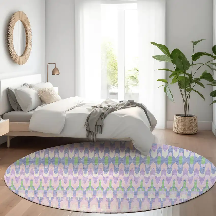 8' Lavender Pink And Lime Green Round Southwestern Washable Indoor Outdoor Area Rug Photo 8