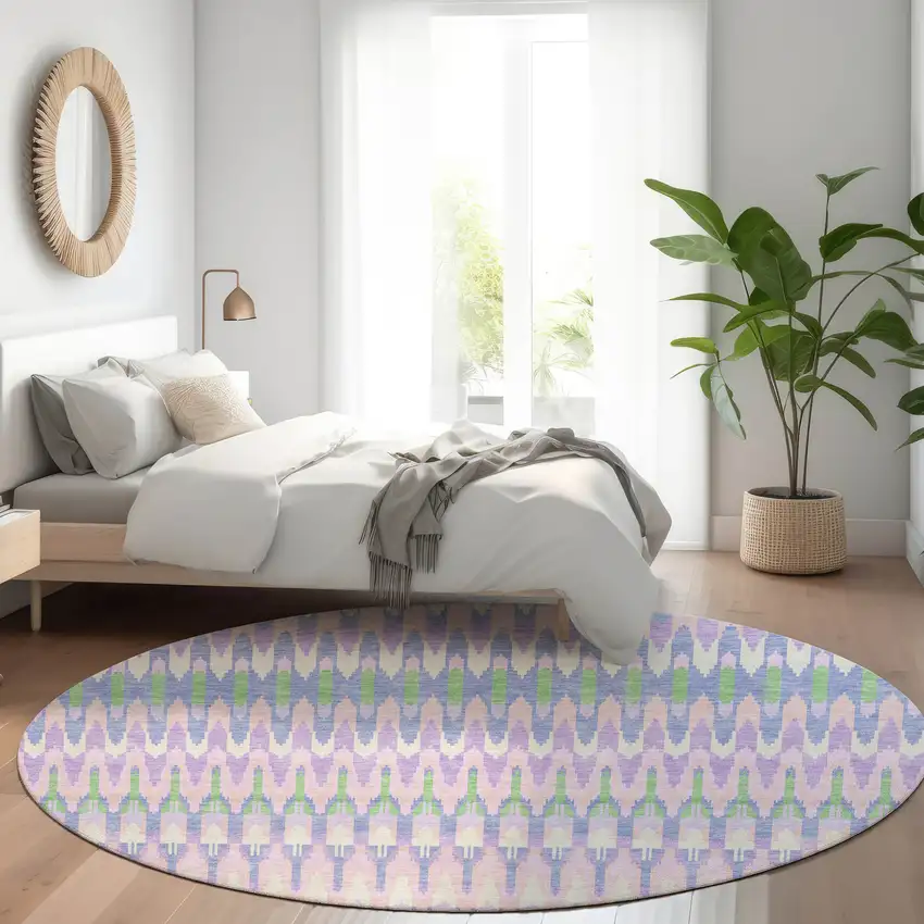 8' Lavender Pink And Lime Green Round Southwestern Washable Indoor Outdoor Area Rug Photo 8