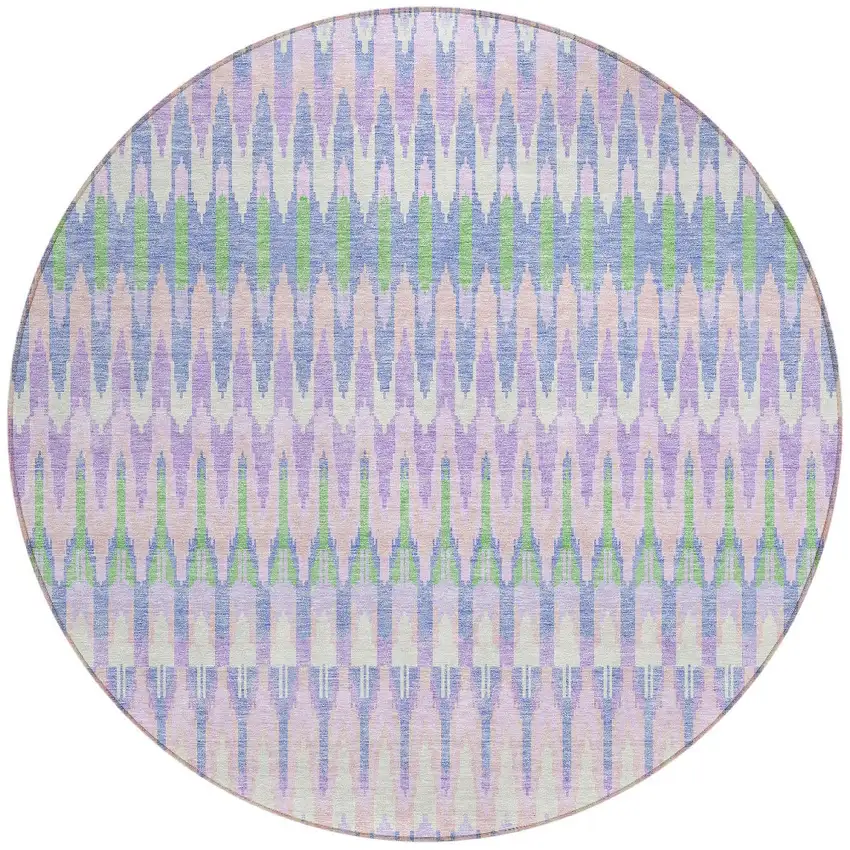 8' Lavender Pink And Lime Green Round Southwestern Washable Indoor Outdoor Area Rug Photo 6