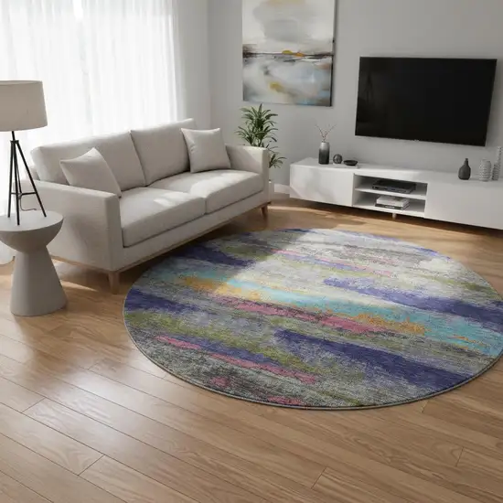 8' Lavender Pink And Orange Abstract Washable Round Rug With UV Protection Photo 2