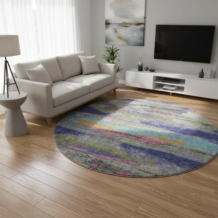 8' Lavender Pink And Orange Abstract Washable Round Rug With UV Protection Photo 2
