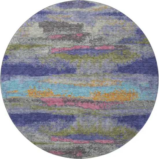 8' Lavender Pink And Orange Abstract Washable Round Rug With UV Protection Photo 3