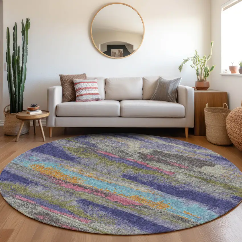 8' Lavender Pink And Orange Abstract Washable Round Rug With UV Protection Photo 4