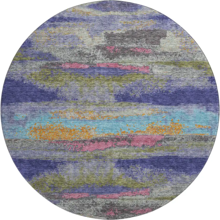 8' Lavender Pink And Orange Abstract Washable Round Rug With UV Protection Photo 1