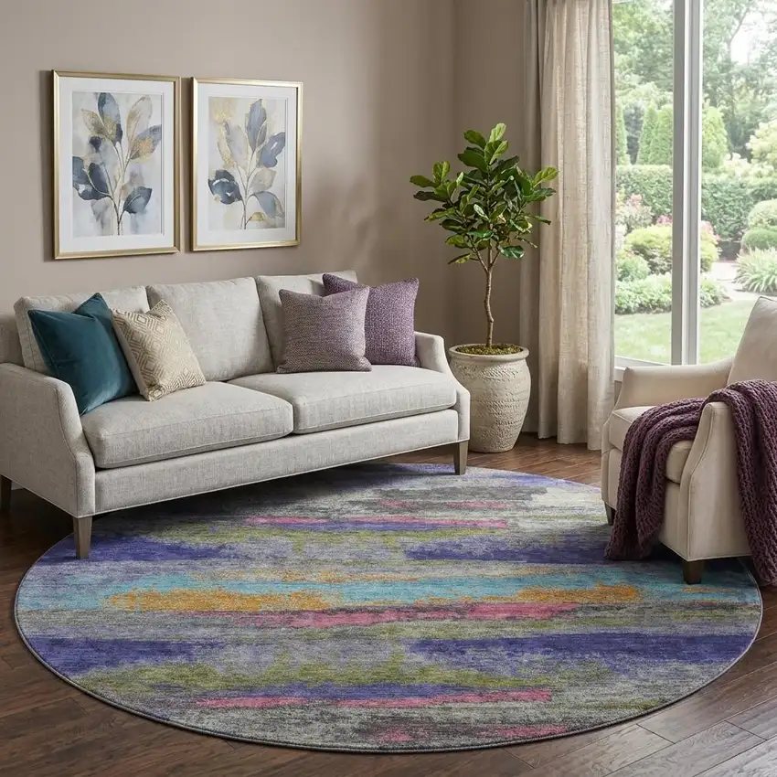 8' Lavender Pink And Orange Abstract Washable Round Rug With UV Protection Photo 1