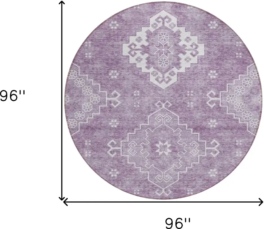 8' Lavender Plum And Ivory Round Medallion Washable Indoor Outdoor Area Rug Photo 3