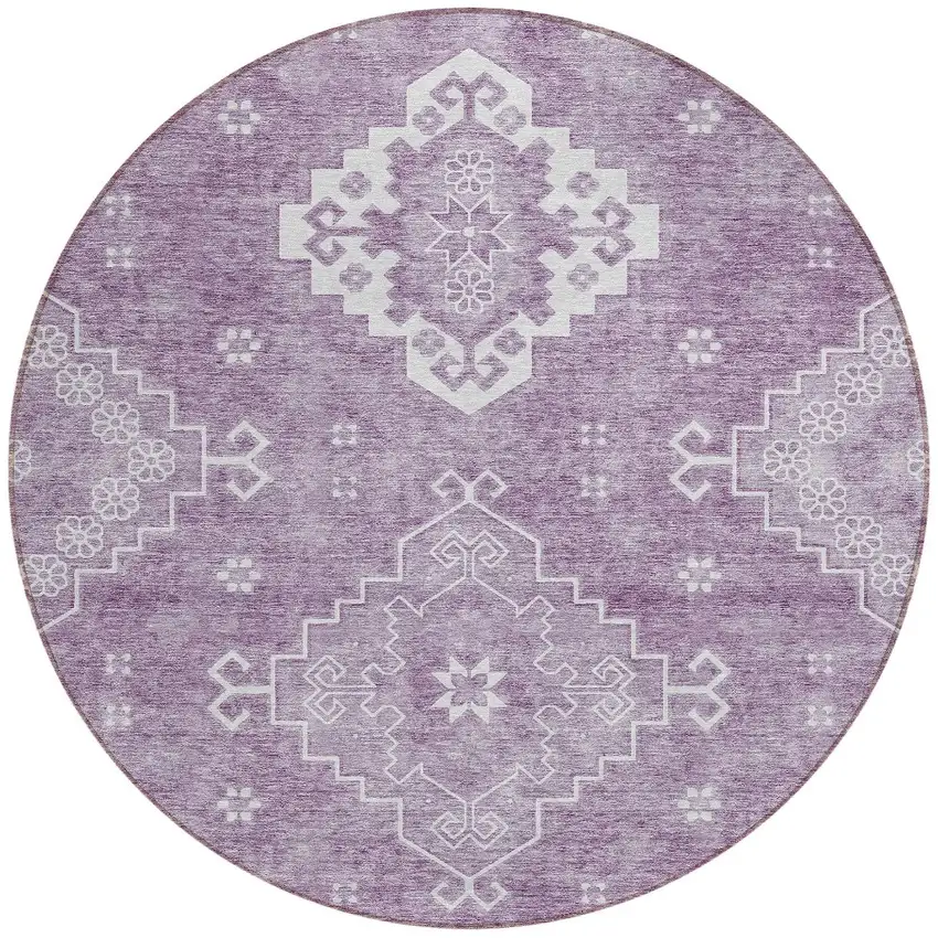 8' Lavender Plum And Ivory Round Medallion Washable Indoor Outdoor Area Rug Photo 4