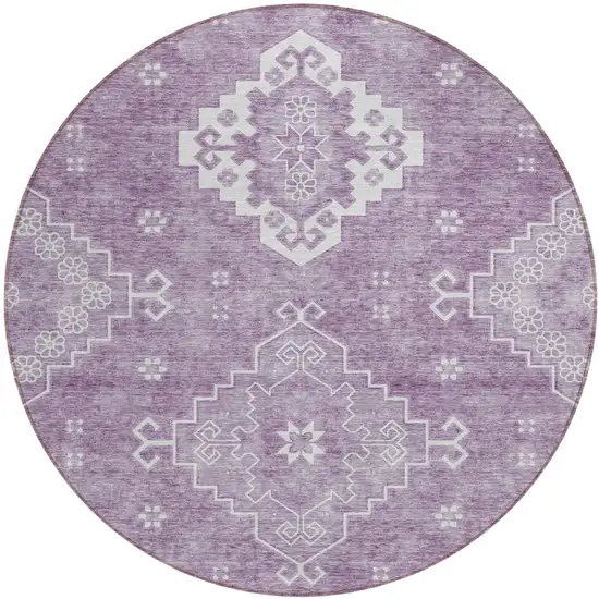 8' Lavender Plum And Ivory Round Medallion Washable Indoor Outdoor Area Rug Photo 2