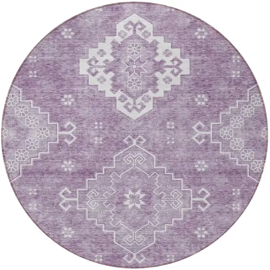 8' Lavender Plum And Ivory Round Medallion Washable Indoor Outdoor Area Rug Photo 5