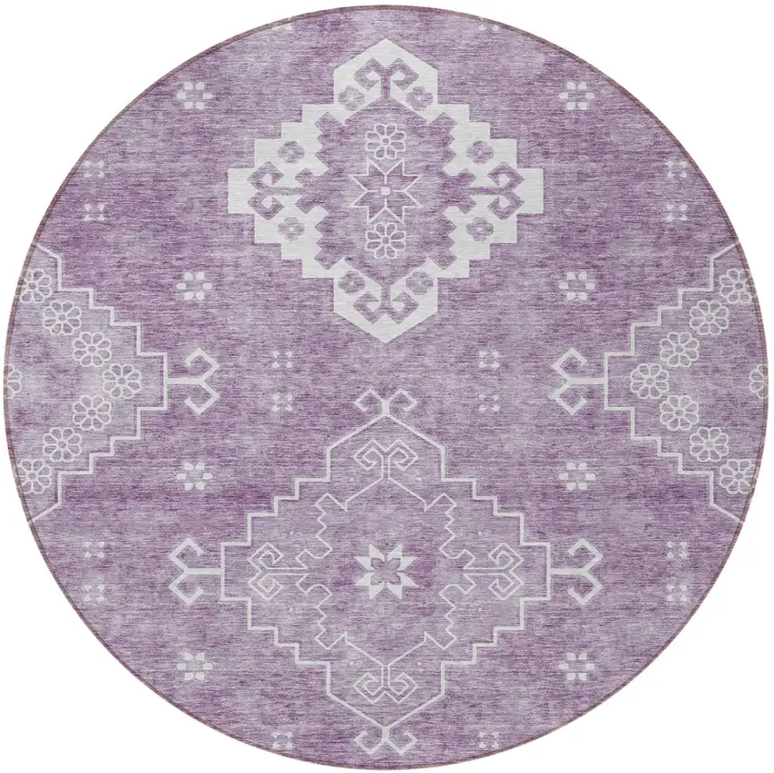 8' Lavender Plum And Ivory Round Medallion Washable Indoor Outdoor Area Rug Photo 5