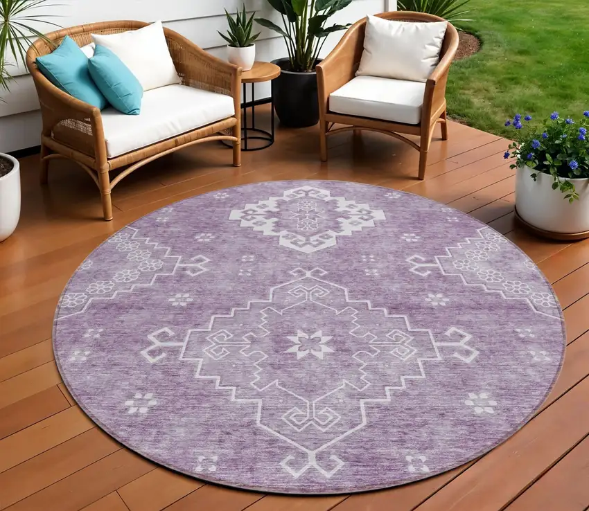 8' Lavender Plum And Ivory Round Medallion Washable Indoor Outdoor Area Rug Photo 1