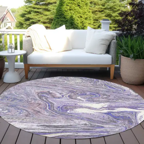 8' Lavender Purple And Gray Round Abstract Washable Indoor Outdoor Area Rug Photo 7