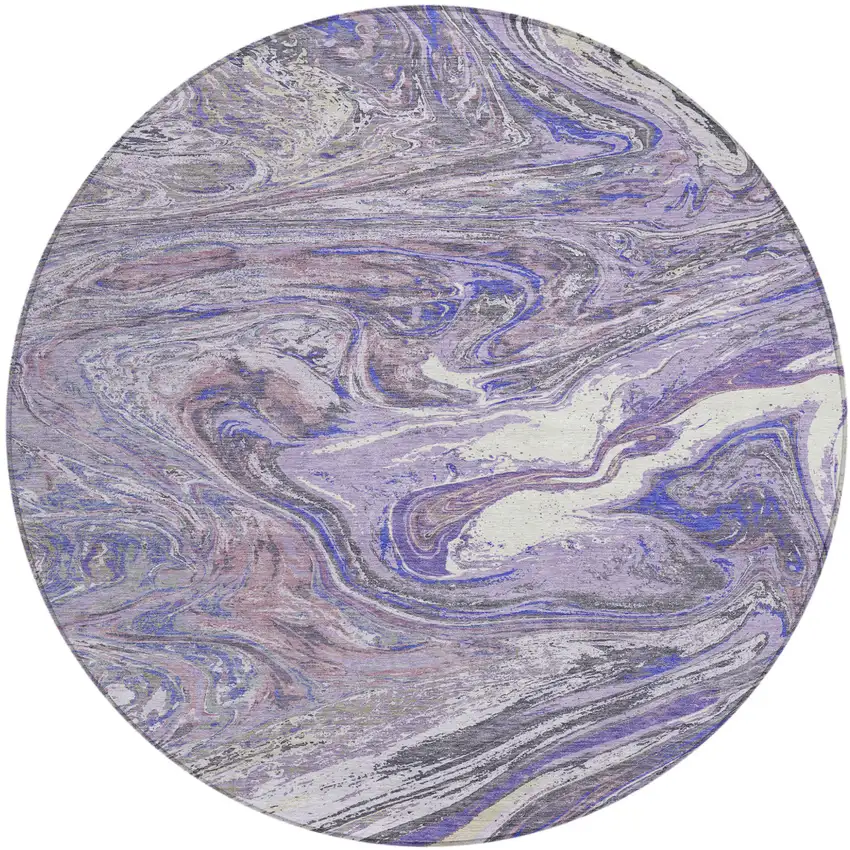 8' Lavender Purple And Gray Round Abstract Washable Indoor Outdoor Area Rug Photo 2