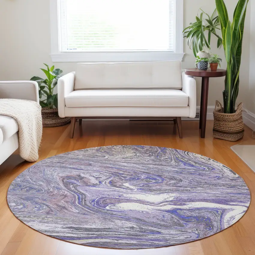 8' Lavender Purple And Gray Round Abstract Washable Indoor Outdoor Area Rug Photo 8
