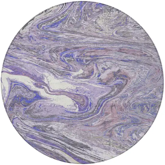 8' Lavender Purple And Gray Round Abstract Washable Indoor Outdoor Area Rug Photo 6