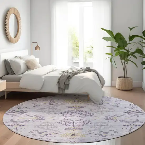 8' Lavender Purple And Gray Round Floral Washable Indoor Outdoor Area Rug Photo 7
