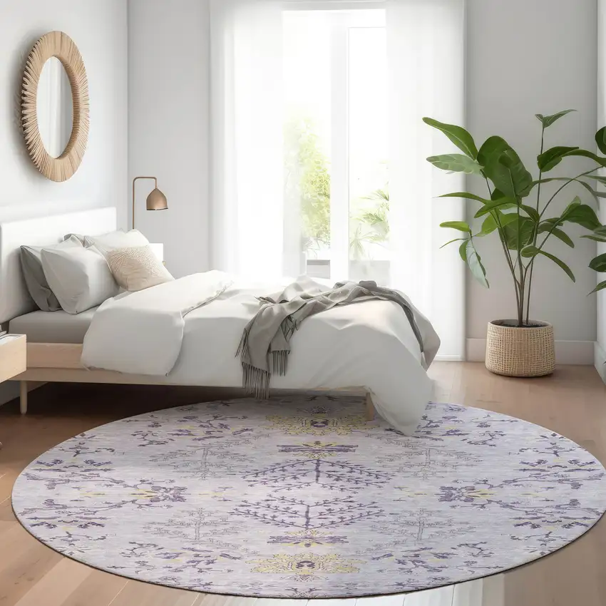 8' Lavender Purple And Gray Round Floral Washable Indoor Outdoor Area Rug Photo 7