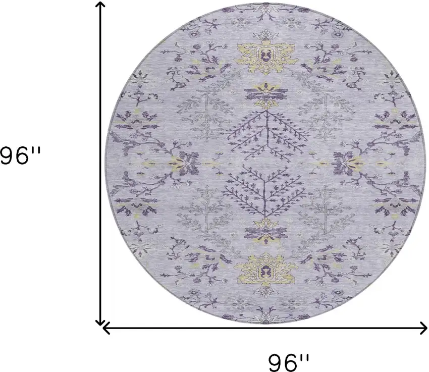 8' Lavender Purple And Gray Round Floral Washable Indoor Outdoor Area Rug Photo 3