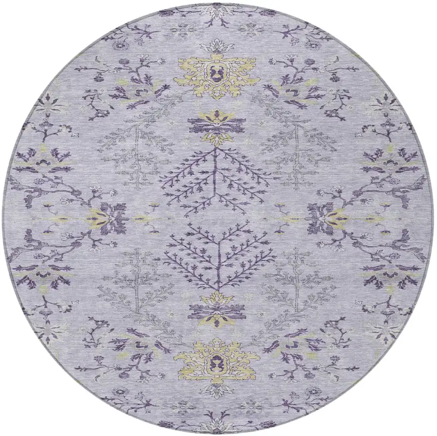 8' Lavender Purple And Gray Round Floral Washable Indoor Outdoor Area Rug Photo 5