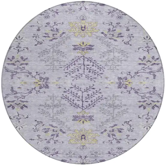 8' Lavender Purple And Gray Round Floral Washable Indoor Outdoor Area Rug Photo 2