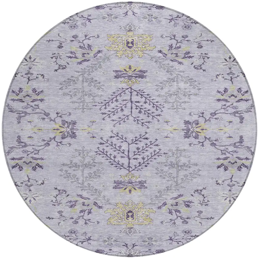 8' Lavender Purple And Gray Round Floral Washable Indoor Outdoor Area Rug Photo 2