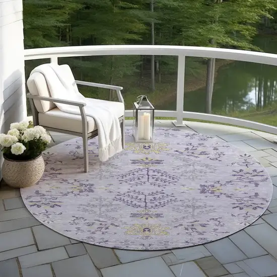 8' Lavender Purple And Gray Round Floral Washable Indoor Outdoor Area Rug Photo 6