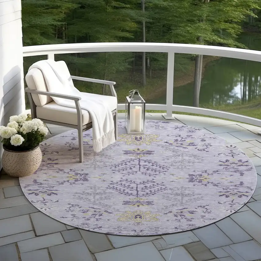 8' Lavender Purple And Gray Round Floral Washable Indoor Outdoor Area Rug Photo 6