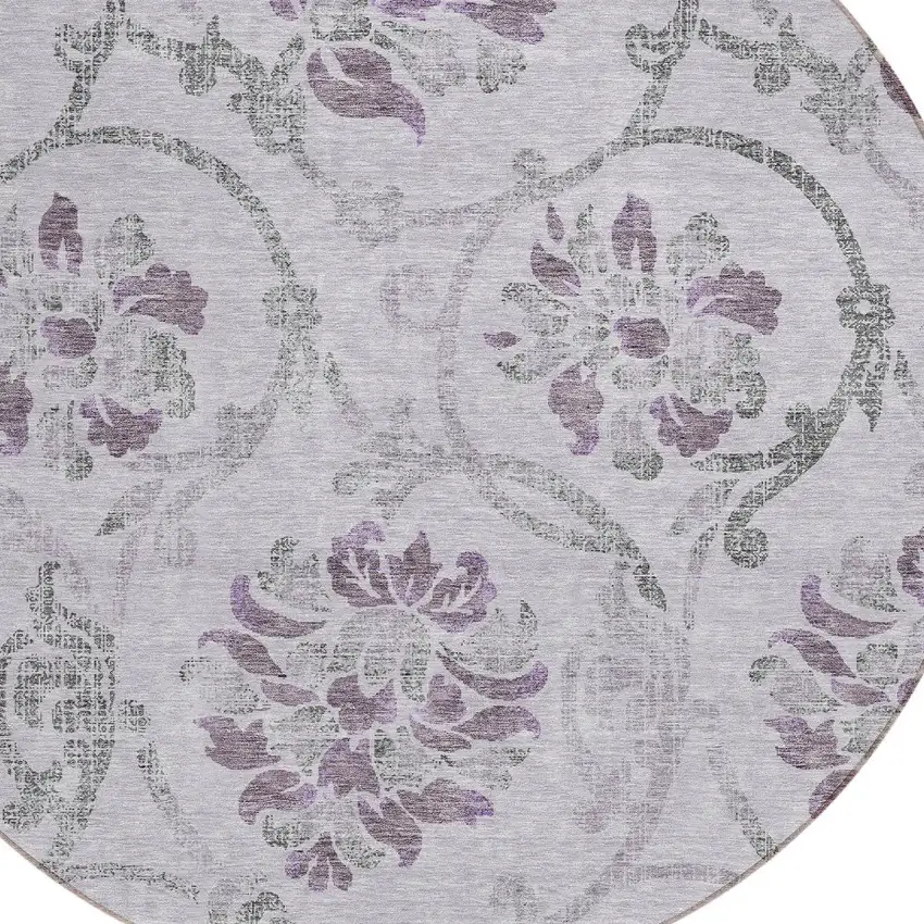 8' Lavender Purple And Gray Round Floral Washable Indoor Outdoor Area Rug Photo 4