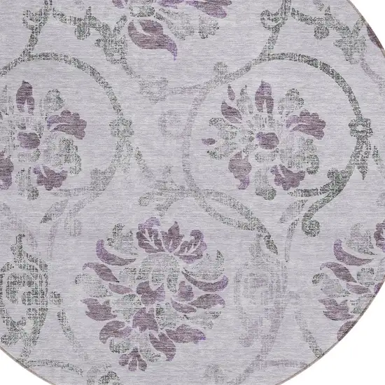 8' Lavender Purple And Gray Round Floral Washable Indoor Outdoor Area Rug Photo 4