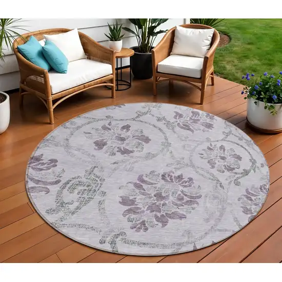 8' Lavender Purple And Gray Round Floral Washable Indoor Outdoor Area Rug Photo 1