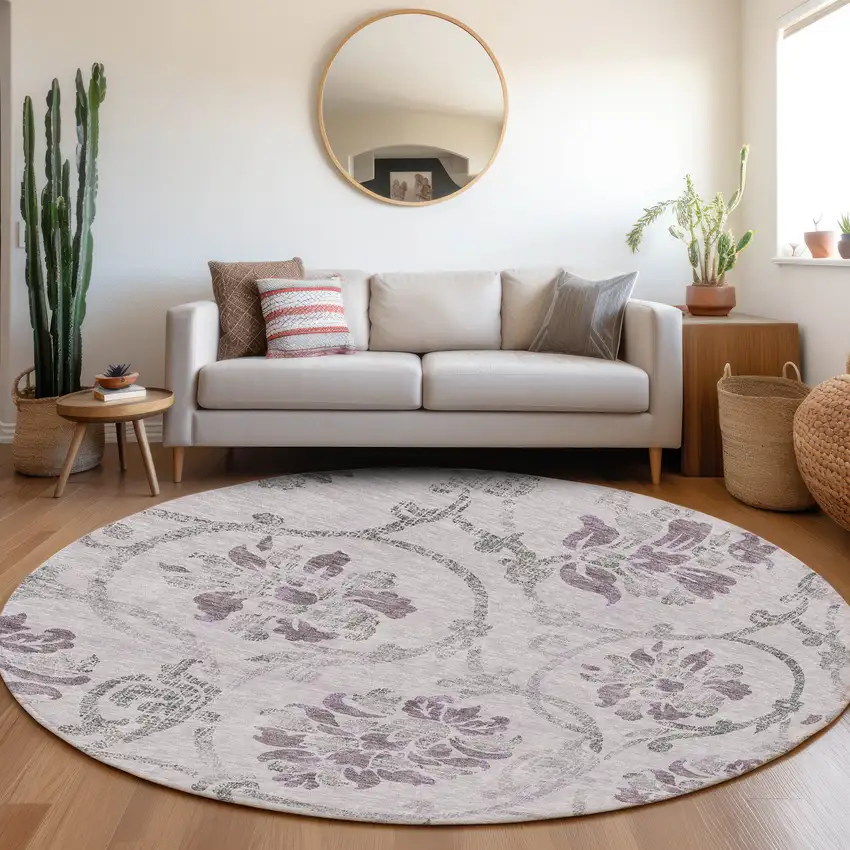 8' Lavender Purple And Gray Round Floral Washable Indoor Outdoor Area Rug Photo 7