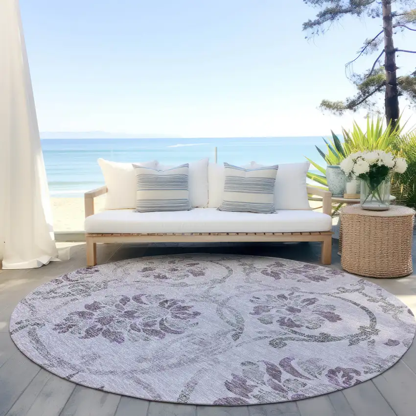 8' Lavender Purple And Gray Round Floral Washable Indoor Outdoor Area Rug Photo 6