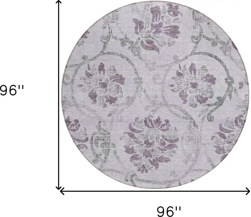 8' Lavender Purple And Gray Round Floral Washable Indoor Outdoor Area Rug Photo 8