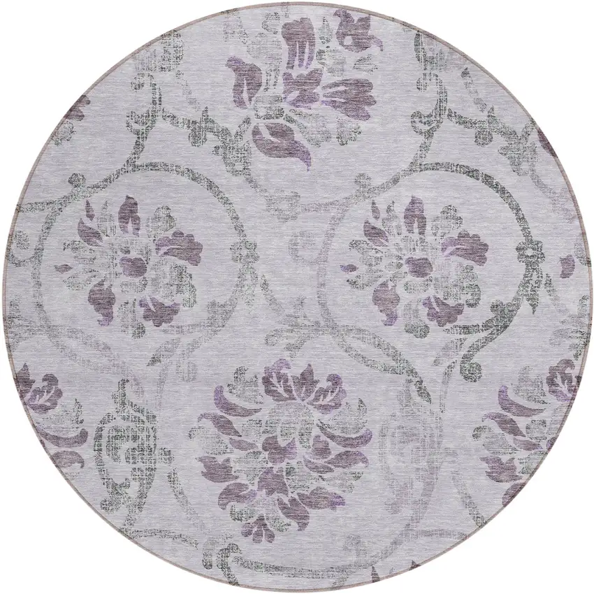 8' Lavender Purple And Gray Round Floral Washable Indoor Outdoor Area Rug Photo 1