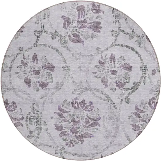 8' Lavender Purple And Gray Round Floral Washable Indoor Outdoor Area Rug Photo 1
