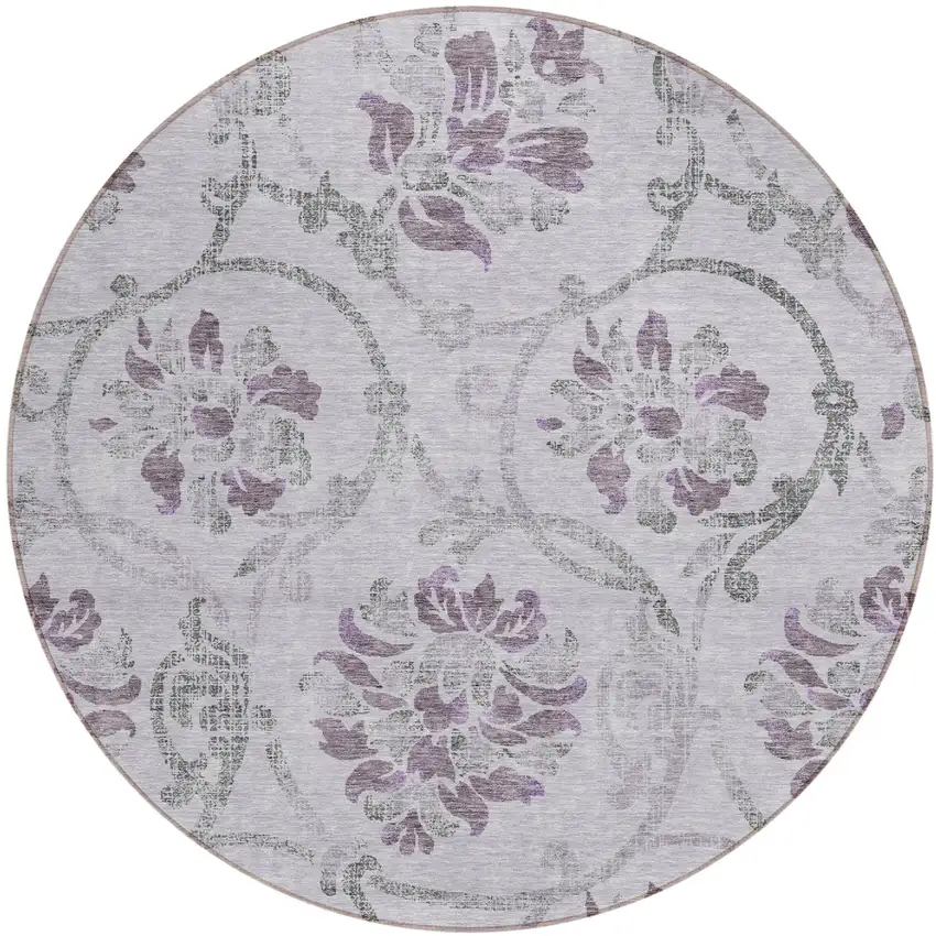 8' Lavender Purple And Gray Round Floral Washable Indoor Outdoor Area Rug Photo 1