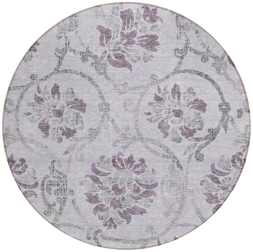 8' Lavender Purple And Gray Round Floral Washable Indoor Outdoor Area Rug Photo 5