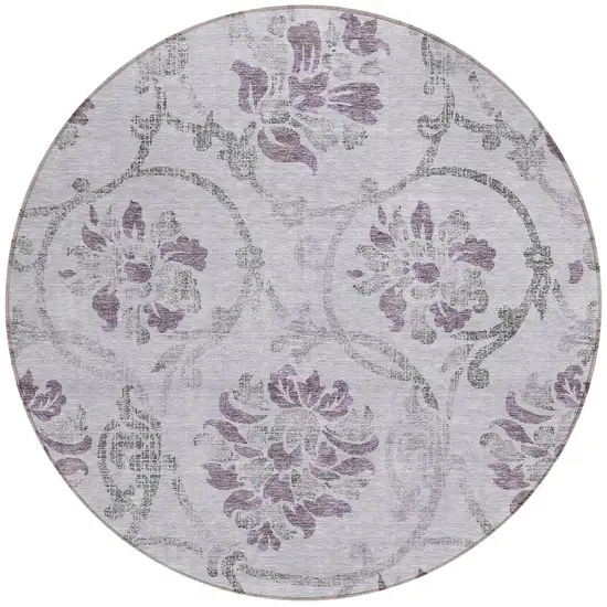 8' Lavender Purple And Gray Round Floral Washable Indoor Outdoor Area Rug Photo 5
