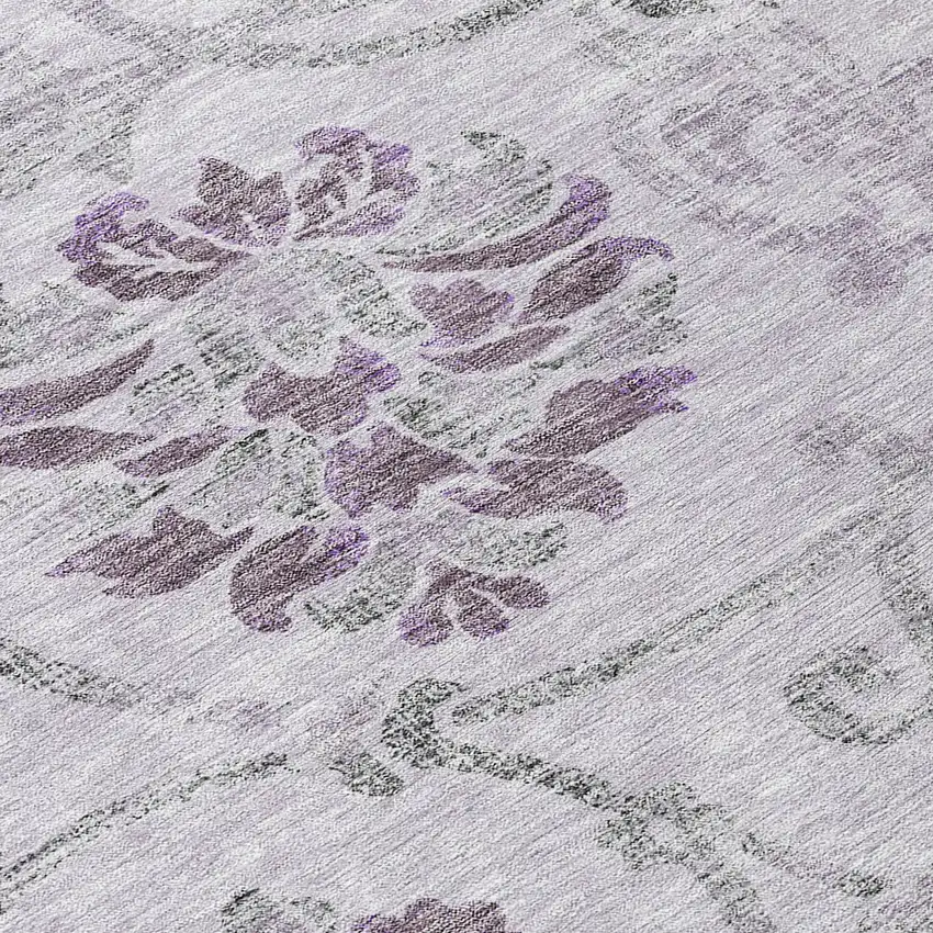 8' Lavender Purple And Gray Round Floral Washable Indoor Outdoor Area Rug Photo 9