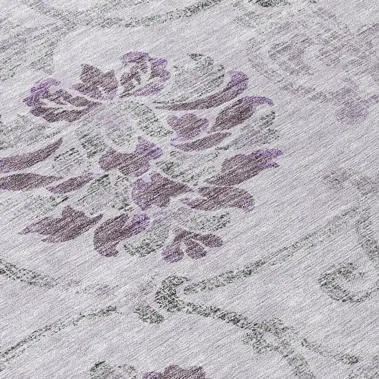 8' Lavender Purple And Gray Round Floral Washable Indoor Outdoor Area Rug Photo 9