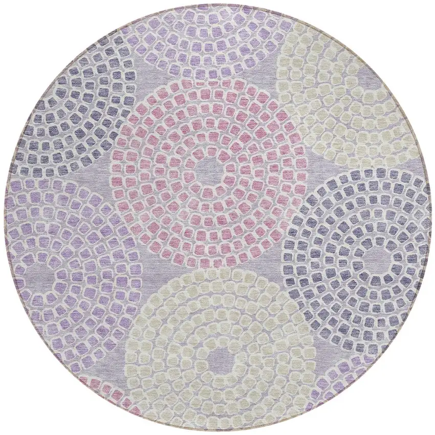 8' Lavender Purple And Gray Round Geometric Washable Indoor Outdoor Area Rug Photo 6