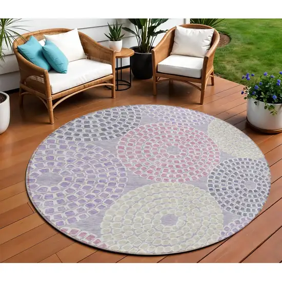 8' Lavender Purple And Gray Round Geometric Washable Indoor Outdoor Area Rug Photo 1