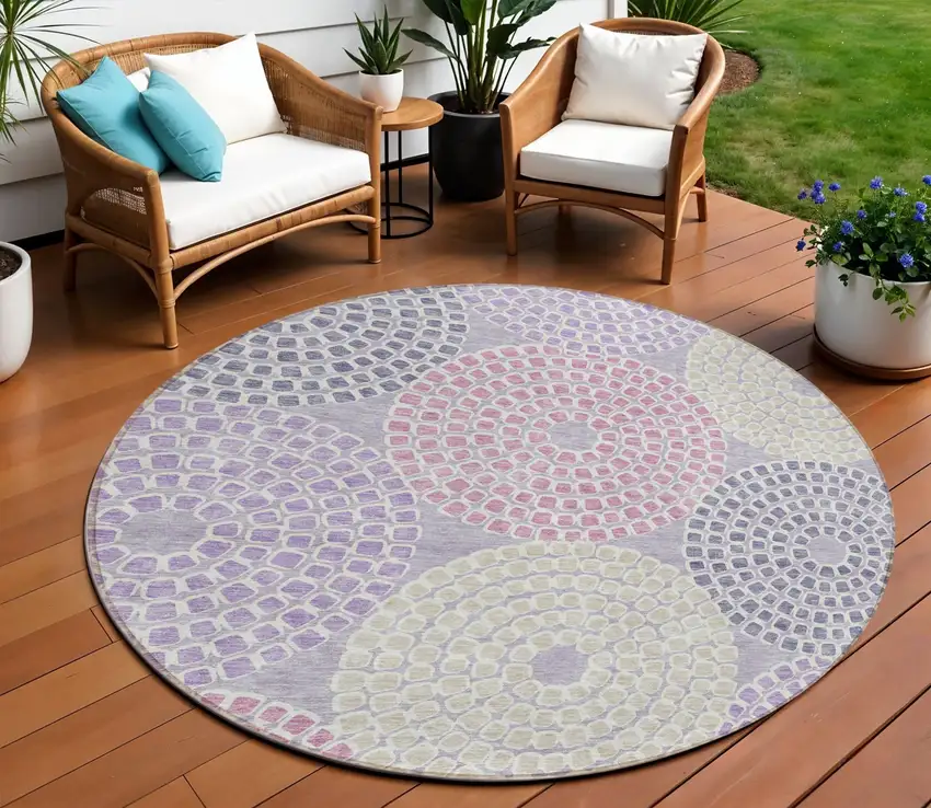 8' Lavender Purple And Gray Round Geometric Washable Indoor Outdoor Area Rug Photo 1