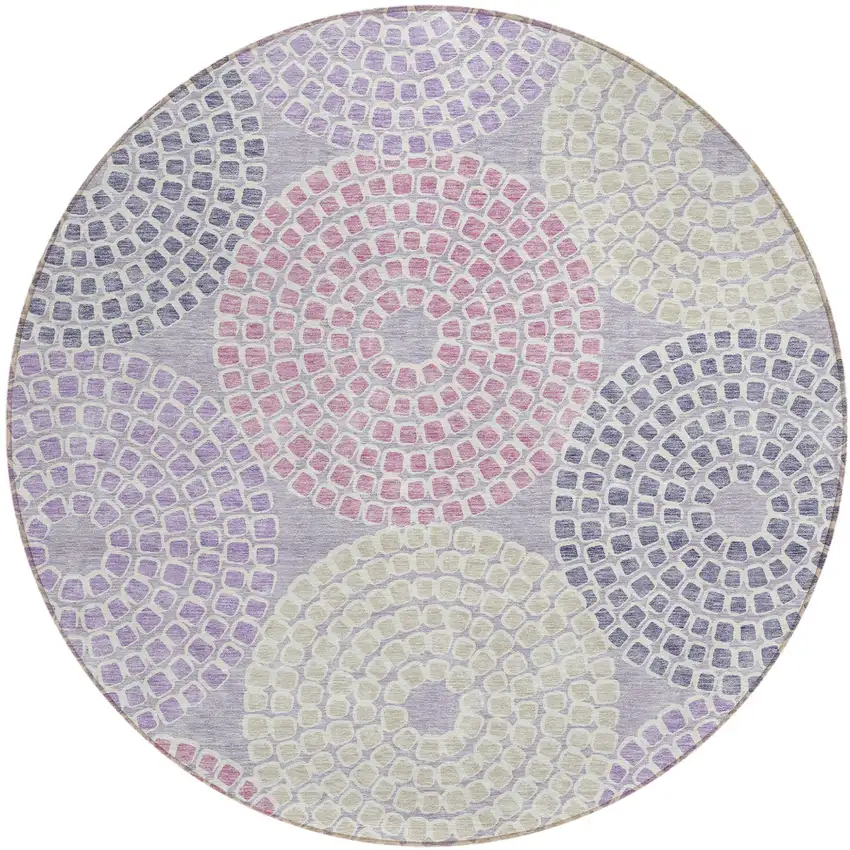 8' Lavender Purple And Gray Round Geometric Washable Indoor Outdoor Area Rug Photo 2
