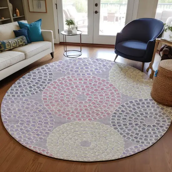 8' Lavender Purple And Gray Round Geometric Washable Indoor Outdoor Area Rug Photo 8