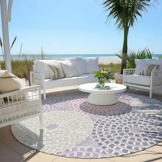 8' Lavender Purple And Gray Round Geometric Washable Indoor Outdoor Area Rug Photo 7