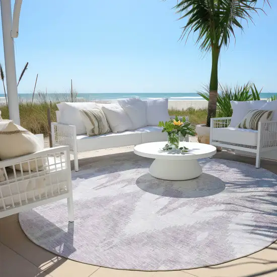 8' Lavender Purple And Gray Round Ikat Washable Indoor Outdoor Area Rug Photo 6